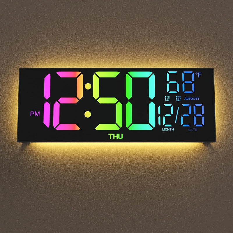 Digital Wall Clock Large Display, 13" Large Digital Wall Clock with RGB Color Remote Control, Automatic Brightness Dimmer Big Clock with Night Lights, Auto DST, Date Week,Perfect for Gift