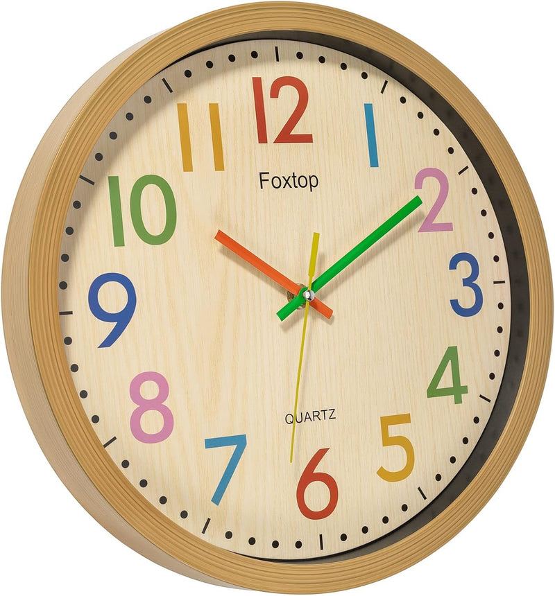 Foxtop Silent Kids Wall Clock 12 Inch Non-Ticking Battery Operated Colorful Childrens Clock for Classroom Playroom Nursery Bedrooms Kids Room School