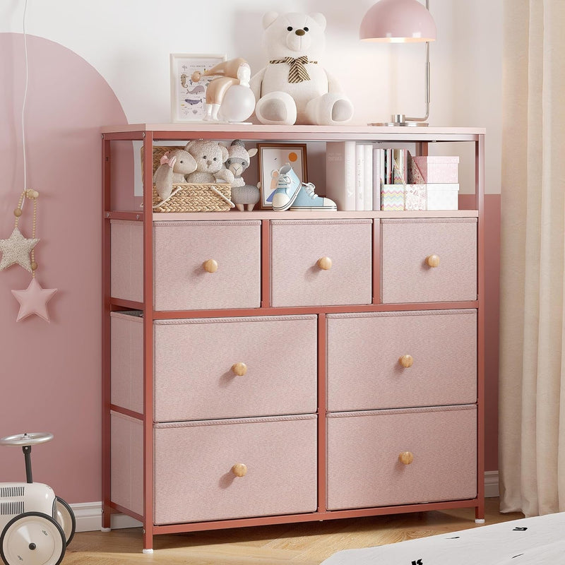 Enhomee Dresser, Dresser for Bedroom with 7 Drawers, Dressers & Chests of Drawers for Bedroom, Dresser TV Stand with Wooden Top and Metal Frame, Fabric Dresser for Bedroom, Living Room, Closet