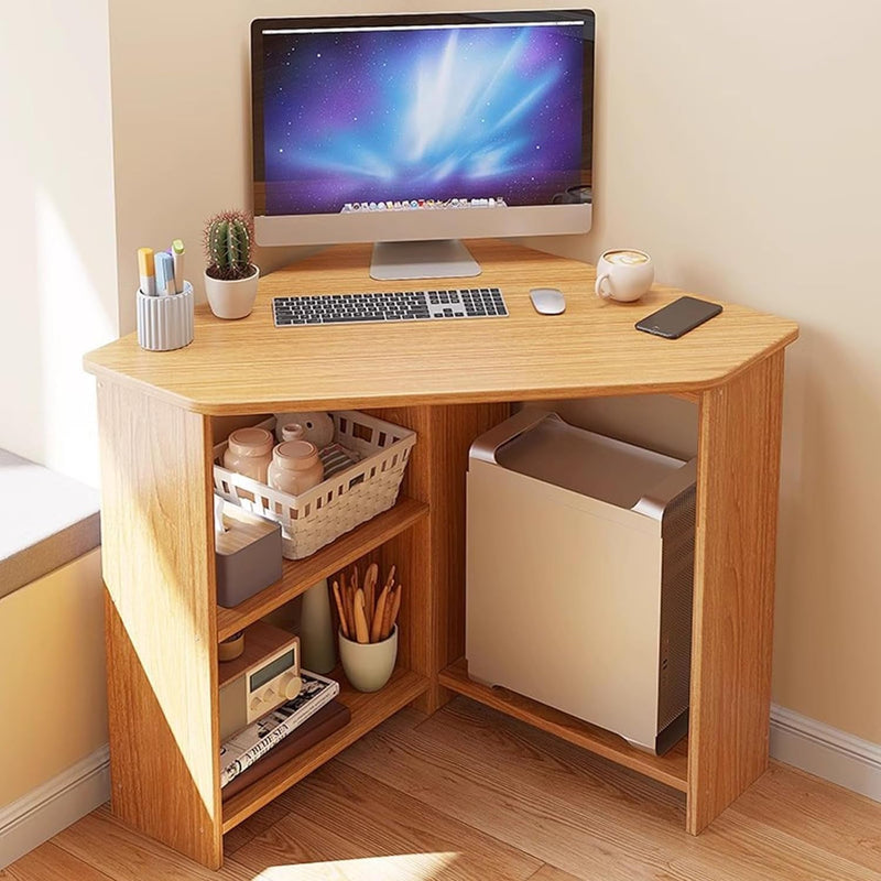 Corner Desk,90 Degrees Triangle Computer Desk,Bedroom Makeup Vanity Desk,Desk with Drawers and Open Shelves,Small Space Industrial Desk for Home Office,Workstation,Living Room Light Brown