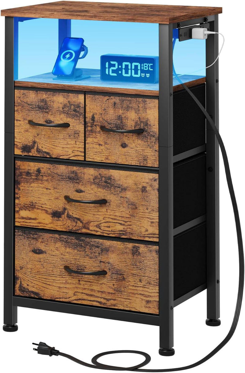 Furnulem Tall LED Dresser with Charging Station, Vertical Storage Tower Unit with Wood Shelf, 5 Drawer Nightstand for Bedroom, Living Room, Hallway, Fabric Bins, Bedside Table Furniture(Rustic Brown)