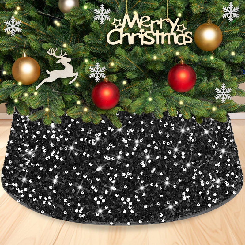 Black Christmas Tree Collar Sequin Xmas Tree Ring 23.6 Inch Sparkle Christmas Tree Base Collar Personalized Tree Stand Collar Bling Christmas Tree Blanket for Halloween Xmas Party Decor