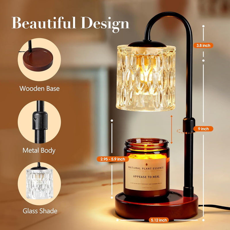 Briever Dimmable Candle Warmer Lamp with Timer, Height Adjustable Electric Candle Wax Warmer for Jar Candles, Top-Down Light Heat Melting Wax with 2 Bulbs, Walnut Solid Wood Base for Home Decor Gifts