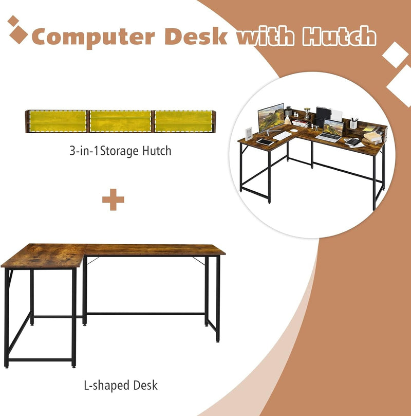 COSTWAY L-Shaped Computer Desk with Hutch, Space-Saving Corner Computer Desk with File Rack & 2 Shelves, 66.5” Industrial Table with Heavy-Duty Steel Frame, for Home Office Study Room (Rustic Brown)