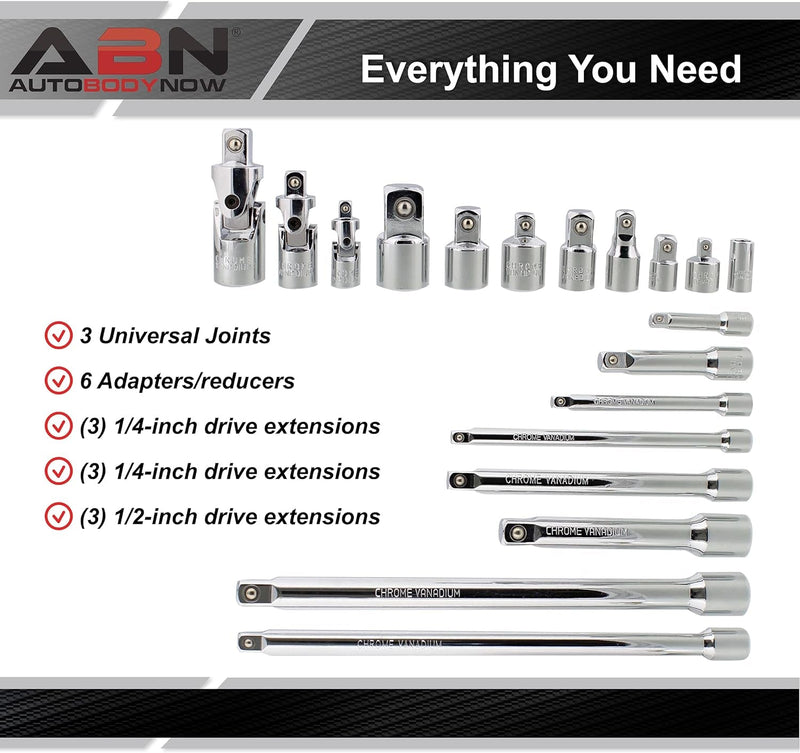 ABN Socket Accessory Extension Set - 20-Piece Ratchet Tool Kit with Universal Joints, Adapters, and Reducers