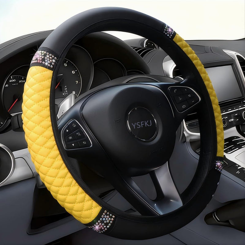 Diamond Leather Steering Wheel Cover Universal 15 Inch with Bling Bling Crystal Rhinestones, Anti-Slip Car Steering Wheel Protector for Women Girls (Black)