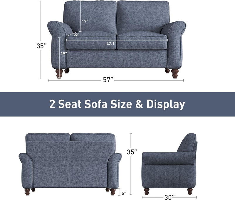 Bonzy Home 57" Loveseat Sofa, 2 Seater Upholstered Comfy Sofa Couch for Small Space, Living Room, Apartment, Office, Blue