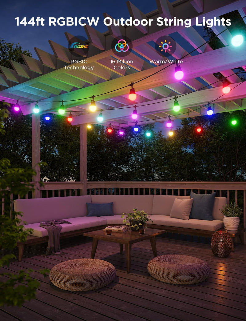 Govee Smart Outdoor String Lights 2, 144Ft RGBIC Outdoor Lights with Dimmable Warm White LED Bulbs, 47 Scene Modes for Patio, Backyard, Balcony, IP65 Waterproof, Works with Alexa, Google Assistant