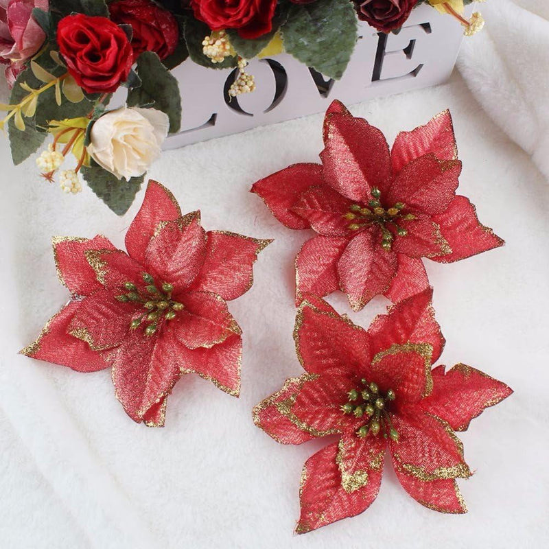 12Pcs Glitter Poinsettia Christmas Tree Ornament Artificial Wedding Christmas Flowers Xmas Tree Wreaths Decor Ornament, 5.5Inch, Red and Gold for Choice (Red)