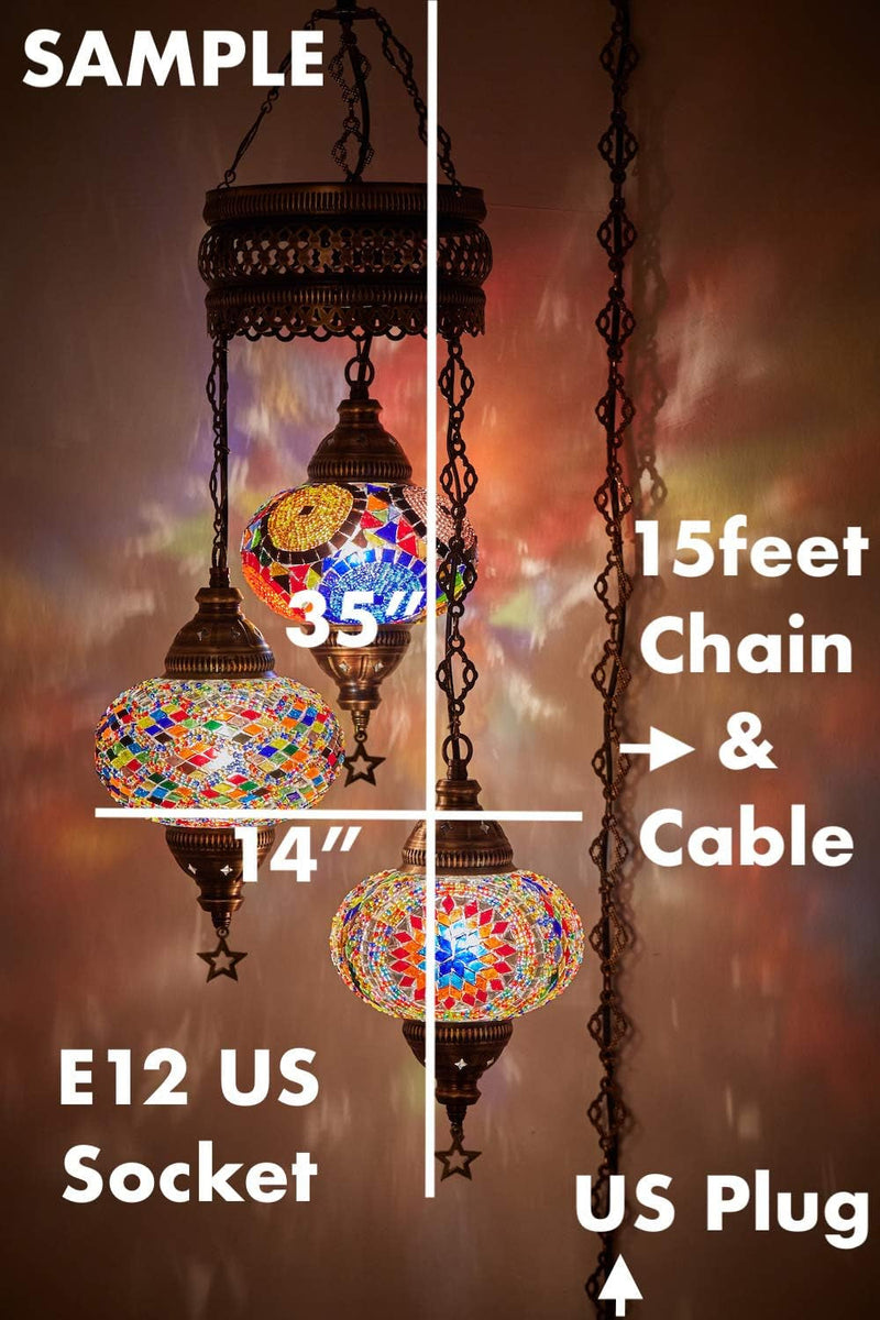 DEMMEX Turkish Moroccan Mosaic Swag Plug in Chandelier Ceiling Hanging Lamp Pendant Light Fixture Lighting, 15Ft Cord Chain and Plug, 3 Big Globes (Multicolor (Plug In))