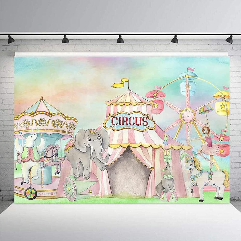 8X6Ft Circus Photo Studio Booth Background Pink and White Stripes Animals Circus Carnival Kids Happy Birthday Party Decorations Carousel Barn Circus Backdrop for Photography