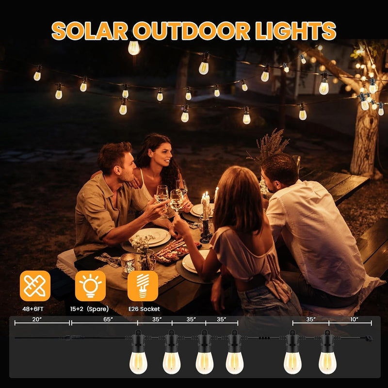 104FT(98+6) Solar String Lights Outdoor Waterproof, Solar Powered Patio Light with 30+2 Dimmable S14 Edison Bulbs Shatterproof & Remote Control, Solar String Lights for outside Garden Backyard