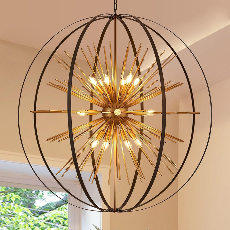 15.8'' Black Gold 8-Light Sputnik Chandelier Modern Industrial Adjustable Hanging Geometric Pendant Light Fixture for Entryway Foyer Stairway Hallway Bedroom Living Room Kitchen Island