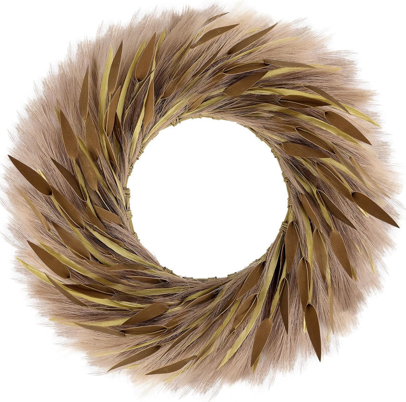 24'' Pampas Grass Wreath, Pampas Wreath, Boho Wreath, Artificial Pampas Wreath for All Seasons, Boho Wall Decor, Farmhouse Pampas Grass Garland (Light Brown, 1)