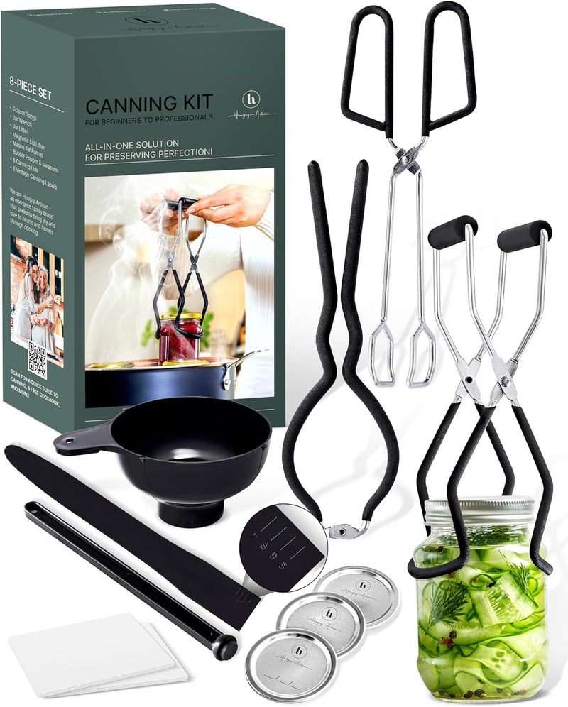 Canning Supplies Set of 8 – Canning Kit for Beginners – Complete Home Canners Equipment – Mason Jar Lifter, Funnel & Wrench, Tongs, Bubble Popper, Magnetic Lid Lifter, Canning Labels & Lids