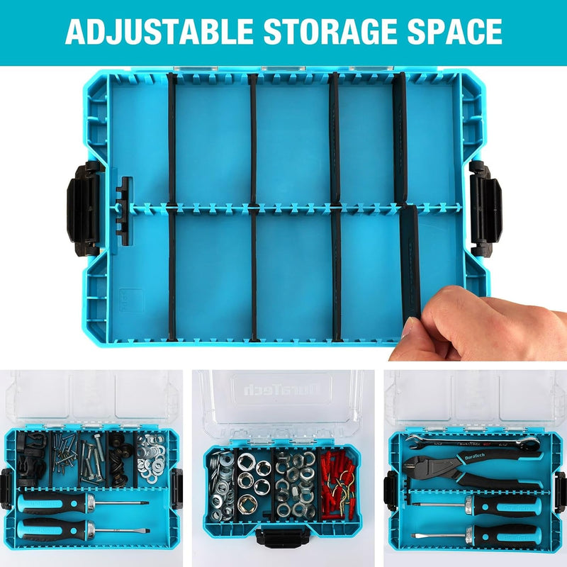 Duratech 3 Pieces Small Parts Organizer, 14 Compartments, Removable Dividers, Portable Hardware Tool Box Organizer with Transparent Plastic Lid, Durable Cases Storage for Small Tools and Accessories