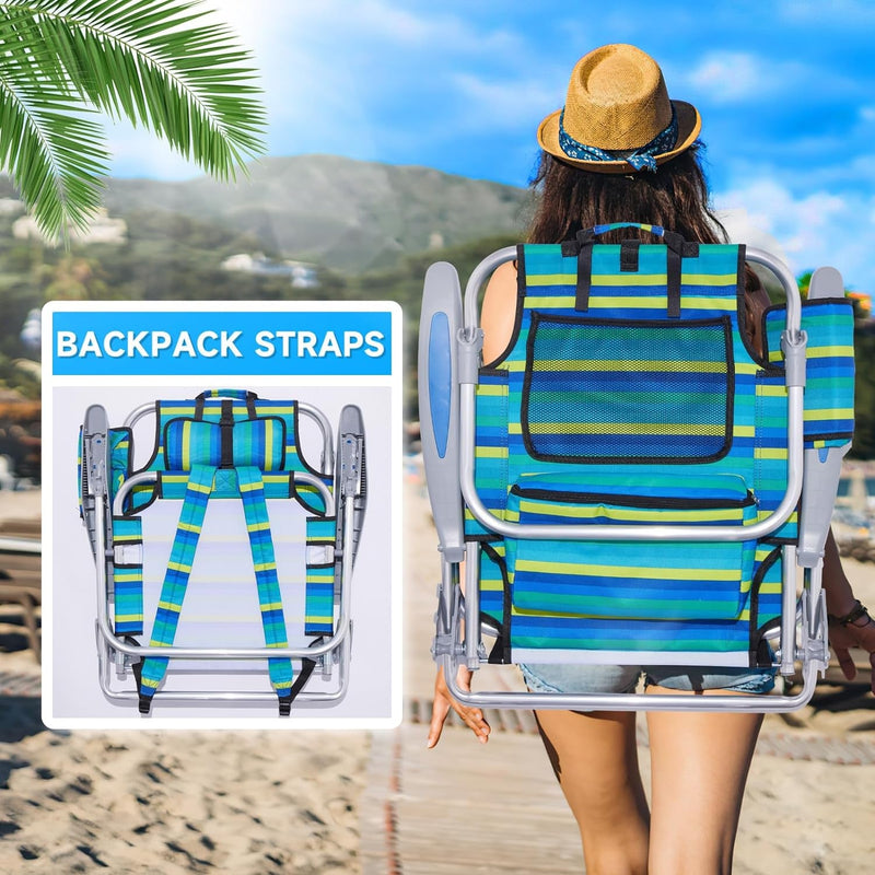 2 Pack Lightweight Portable Camping Beach Chair for Adults, Outdoor Lay Flat Folding Beach Chairs with 4 Positions, Backpack Beach Chair with Towel Bar, Cooler Pouch, Cup Holder, Ocean Striped