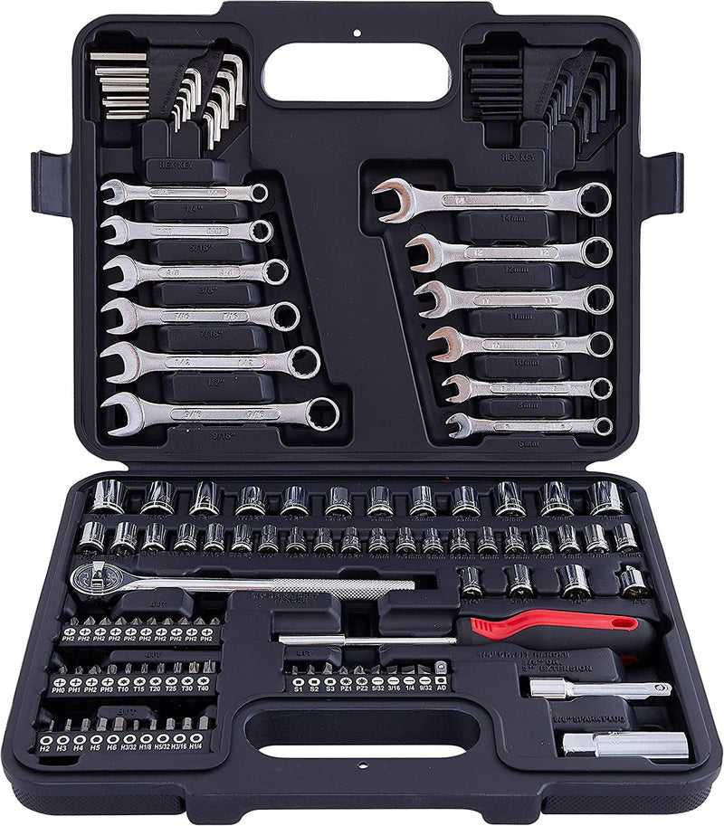 121 Piece Mechanic Tool Socket Set 3/8 and 1/4 Inch Drive SAE & Metric Size, with Tool Box Storage Case for Home, Car Trunk, Automotive, Bike Projects and as a Gift