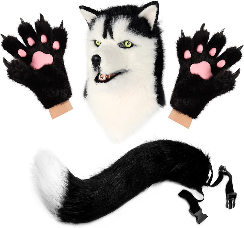 Animal Dog Head Mask Realistic Furry Plush Tail Claw Gloves Full Wolf Masks for Halloween Party Carnival Cosplay