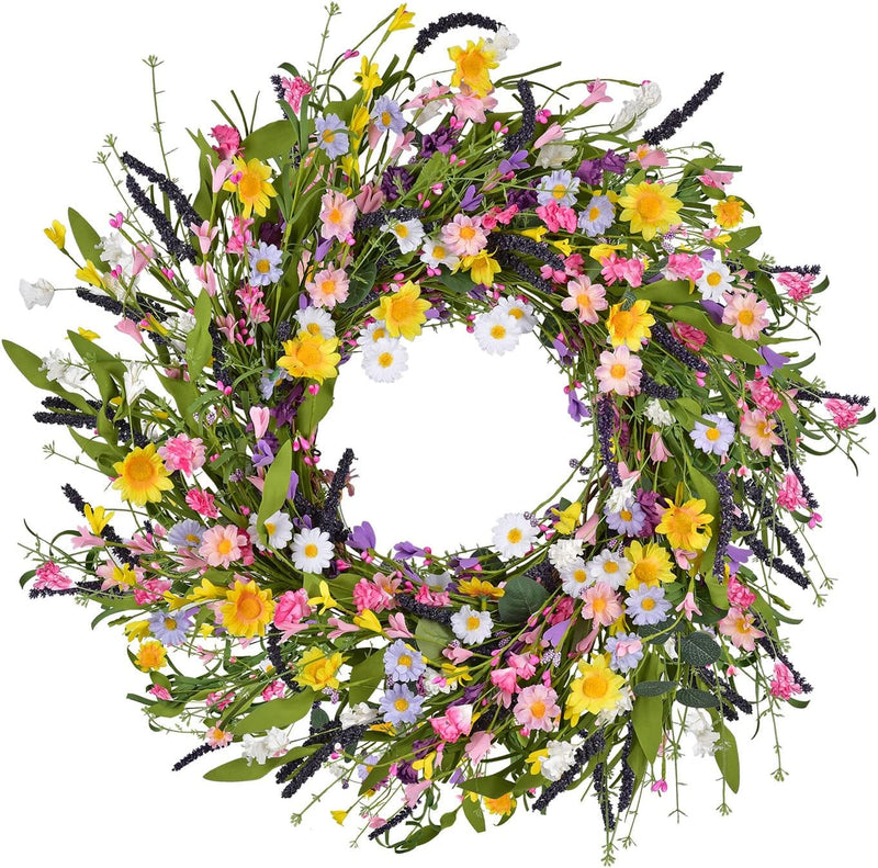 24Inch Artificial Daisy Flower Wreath -Spring Floral Wreath Fake Flower Wreath Spring/Summer Wreath for Front Door Home Decor