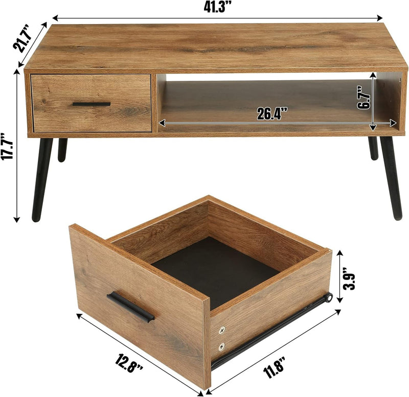 HAIOOU Coffee Table, Mid Century Modern Style Cocktail Table TV Stand with Drawer, Open Storage Shelf, Stable Floor-Anti-Scratching Pine Leg for Home, Office, Living Room