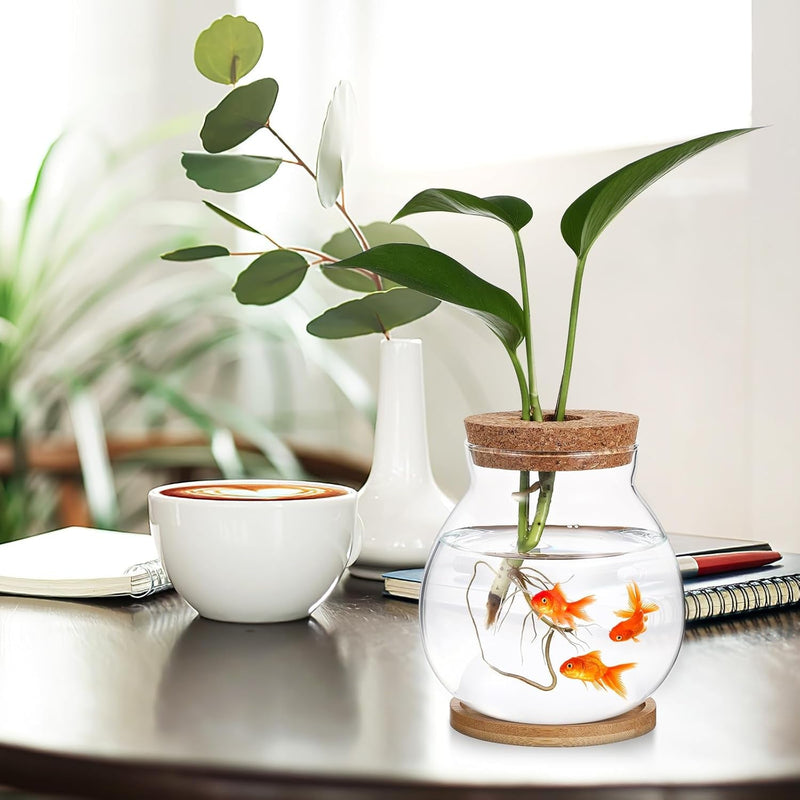 Clear Desktop Fish Bowl with Lid, Small Glass Table Fish Tank with Wood Lid Betta Aquarium Plant Terrarium Vase for Home Office Decoration, Coffee