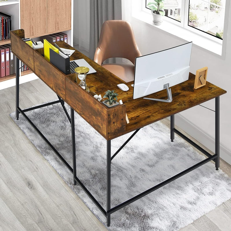 COSTWAY L-Shaped Computer Desk with Hutch, Space-Saving Corner Computer Desk with File Rack & 2 Shelves, 66.5” Industrial Table with Heavy-Duty Steel Frame, for Home Office Study Room (Rustic Brown)