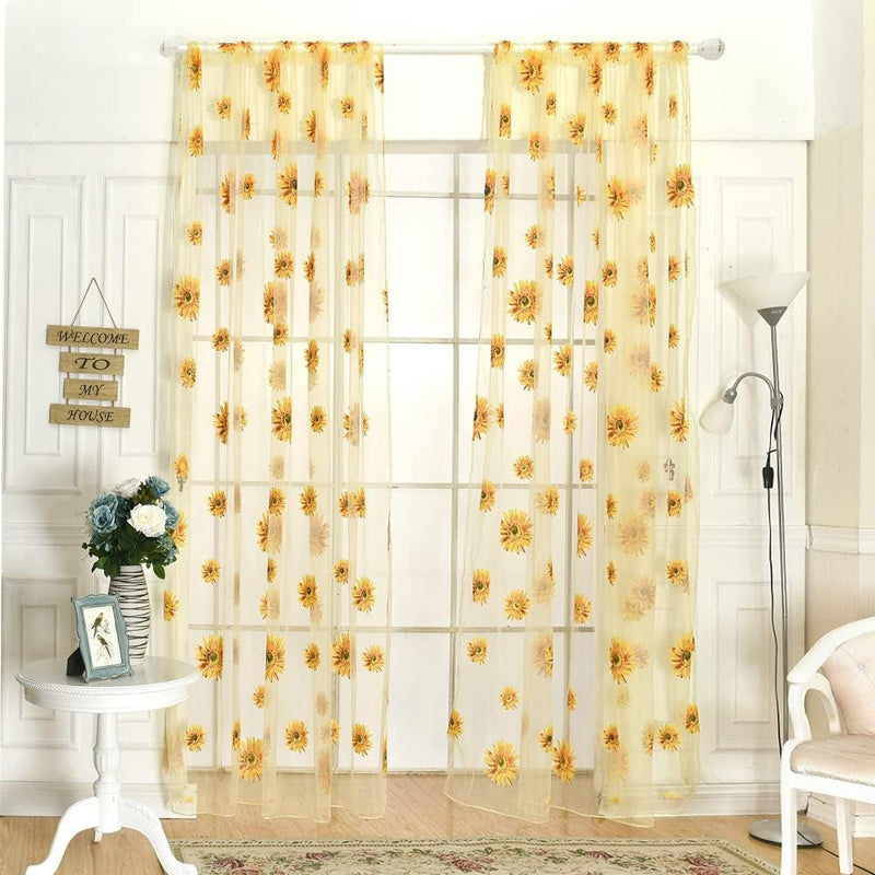 2PCS Sunflower Curtains Yellow Sheer Window Curtains with 2 Curtain Tiebacks Rope for Bedroom Living Room Kitchen Decor, Rod Pocket Window Treatments W39 X L79