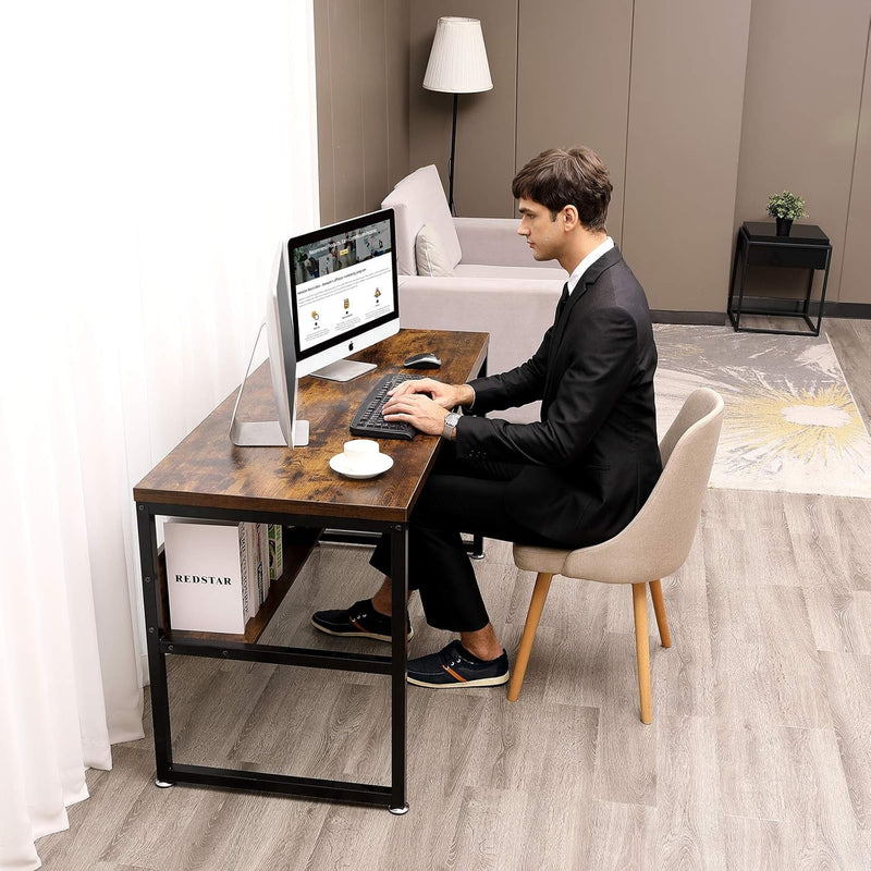 AIKA 55" Computer Desk with Bookshelf/Metal Desk Study Table for Home Office (Industrial/Rustic Brown)