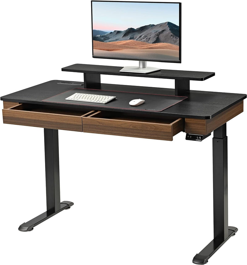 EUREKA ERGONOMIC Standing Desk with 2 Drawers, 55" Dual-Motor Height Adjustable Sit Stand up Desk with Built-In Outlet, Wireless Charger, Luxury Home Office Computer Table with Monitor Riser, Walnut