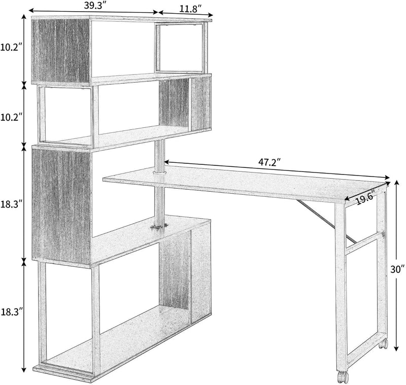 Home Office Desk, L-Shaped Rotating Corner Computer Table with Bookcase Display