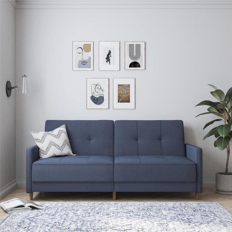 DHP Andora Coil Futon Sofa Bed Couch with Mid Century Modern Design - Navy Blue Linen