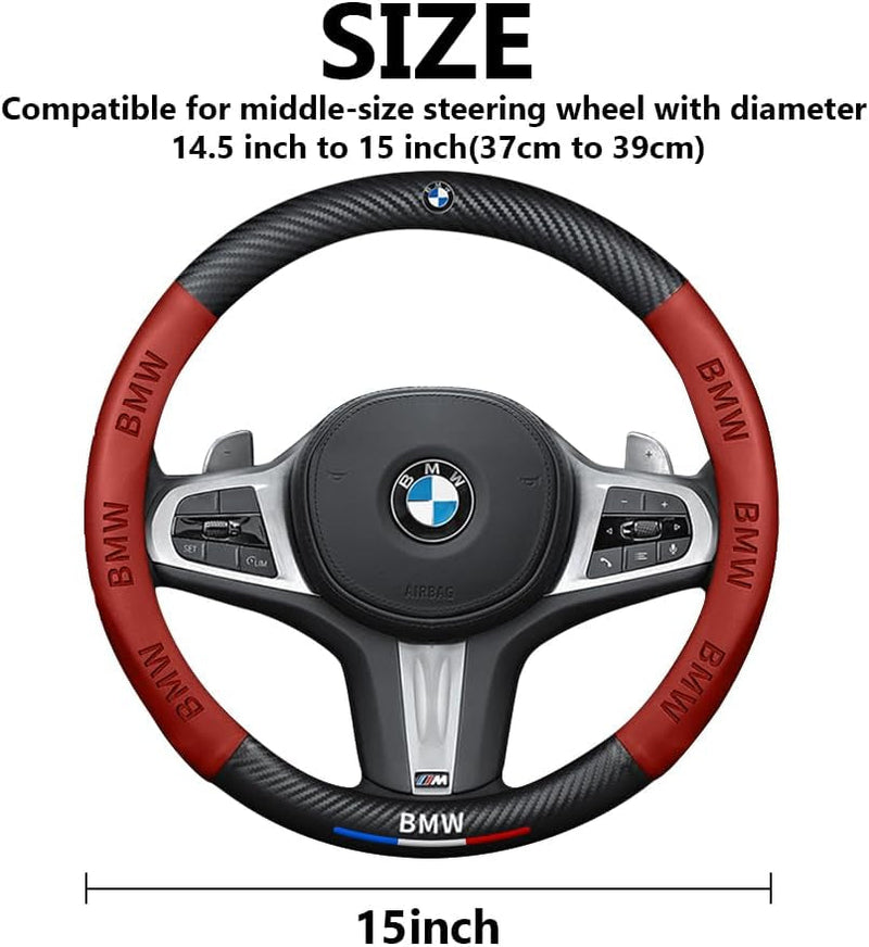 Customized Steering Wheel Cover Compatible with BMW, New Premium Nappa Leather&Carbon Style Car Steering Wheel Protector, with 2 Coasters and USB Fast Charging Cable (Red)