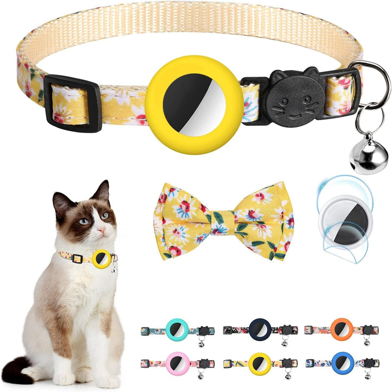 Airtag Cat Collar with Bell Adjustable Breakaway Kitten Collars:- Safety Buckle and Silicone Air Tag Holder Case Compatible with Apple Airtag Geometric Pattern Pet Collar (Cat Collar-Blue)