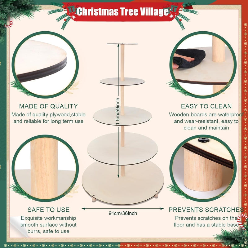 Barydat 5 Tier 59 Inches Christmas Tree Village Christmas Bookshelf Display Supplies Ornament Display Tree Stand Xmas Tree Wooden Holder Christmas Village for Holiday Display