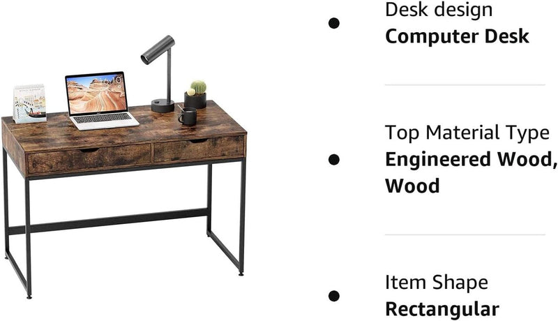 Bestier Small Rectangular Office Writing Computer Workstation Vanity Makeup Desk Minimal Elegant Simple Style with 2 Large Drawers, Rustic Brown