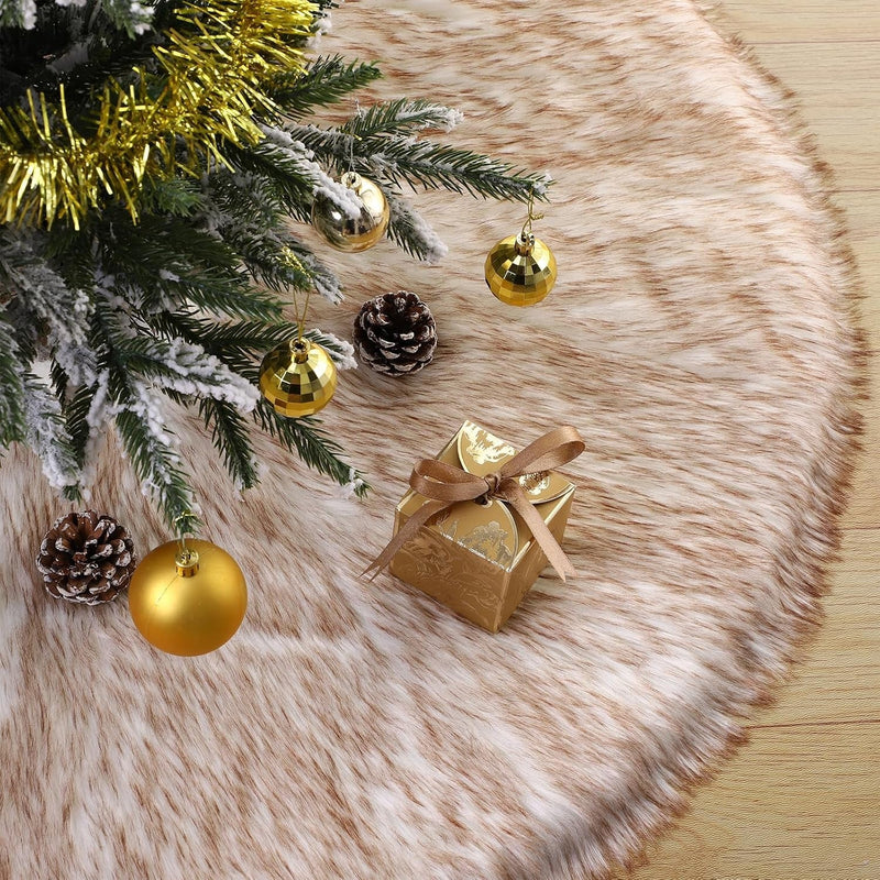 36 Inch Wool Fur Christmas Tree Skirt Thick Plush White and Brown Tree Skirt Christmas Tree Decoration for Xmas Home Party Holiday Decor