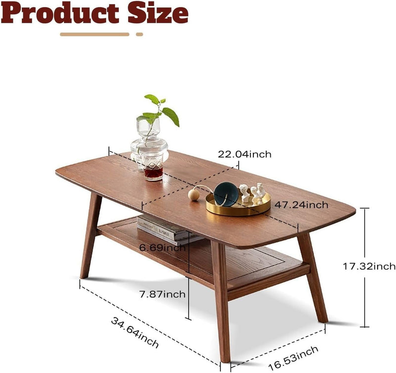 2-Tier Coffee Table with Storage Shelf, Natural Color 100% Solid Wood Table for Living Room, Elegant Furniture for Small Apartment (Walnut, 47.24” X 22.05“ X 17.32”)