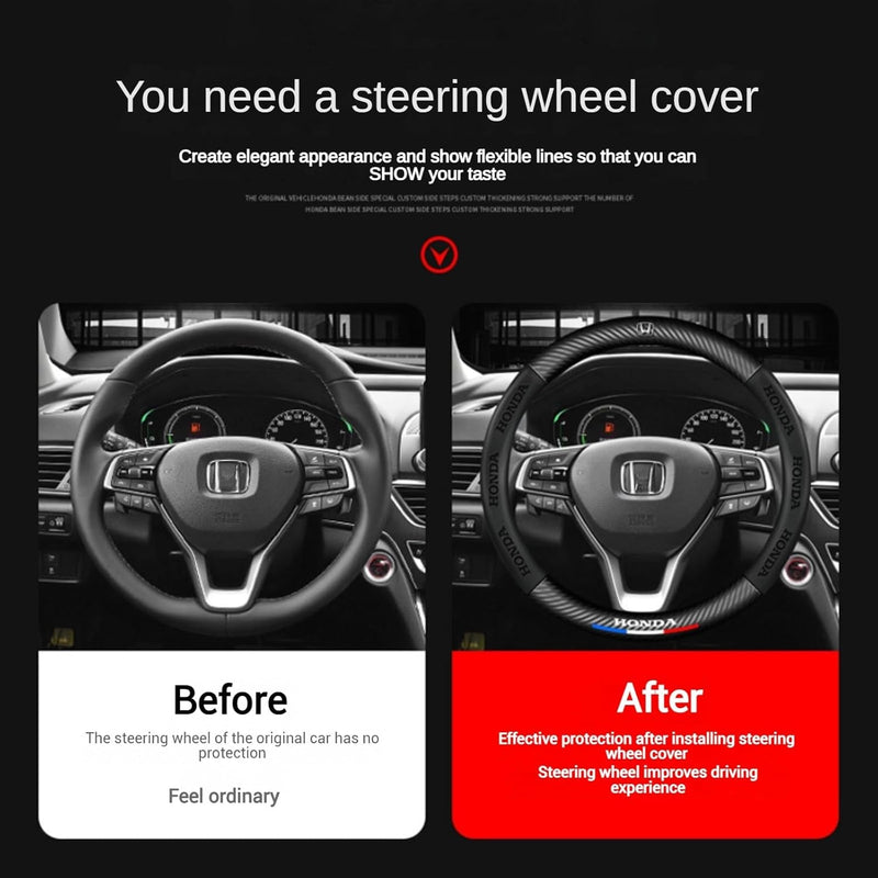 For Honda CRV Accessories Car Accessories Steering Wheel Cover Carbon Fiber Print and Leather Diverse Cars Durable Cover with Anti-Slip Lining for Diameter of 14.5"-15"Wheels (Carbon Fiber+Leather)