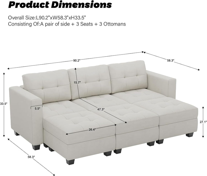 Belffin Modular Sectional Sleeper Sofa with Storage Velvet Fabric Sectional Couch with Chaise and Ottomans 6 Seat Modular Sofa Bed for Living Room Beige