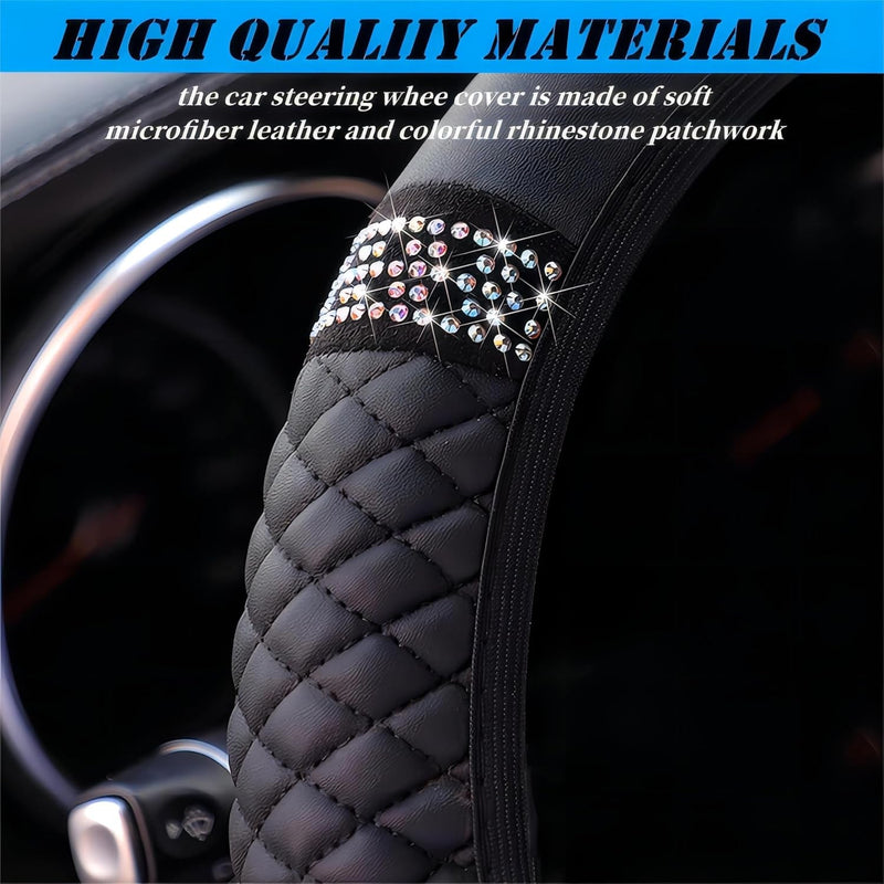 Diamond Leather Steering Wheel Cover Universal 15 Inch with Bling Bling Crystal Rhinestones, Anti-Slip Car Steering Wheel Protector for Women Girls (Black)