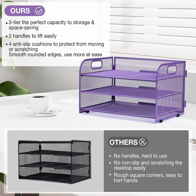 3-Tier Letter Tray Paper Organizer with Handle,Compact Mesh Desk File Organizer for Home Office Supplies Desktop Accessories,Purple
