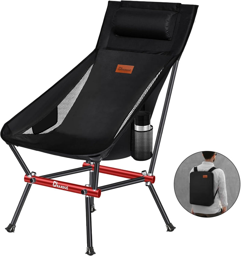 Camping Chair, Patented for Invention, Includes Complimentary Backpack, Portable Folding Chair, Beach Chair with Side Pocket, Lightweight Hiking Chair BD-ZZ-BHSD (Black-Red)