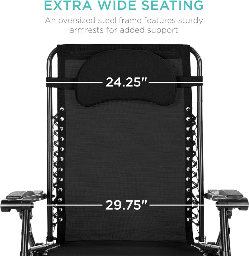 Best Choice Products Oversized Zero Gravity Chair, Folding Outdoor Patio Lounge Recliner W/Cup Holder Accessory Tray and Removable Pillow - Black
