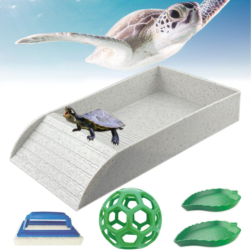 5 Pcs Tortoise Water Dish Set,Tortoise Water Dish with Ramp and Turtle Water Bowl,Turtle Feeder Ball,Scrub Brush,Amphibian Reptile Water Bowl Turtle Pool Suitable for Turtles,Lizards (Brown)