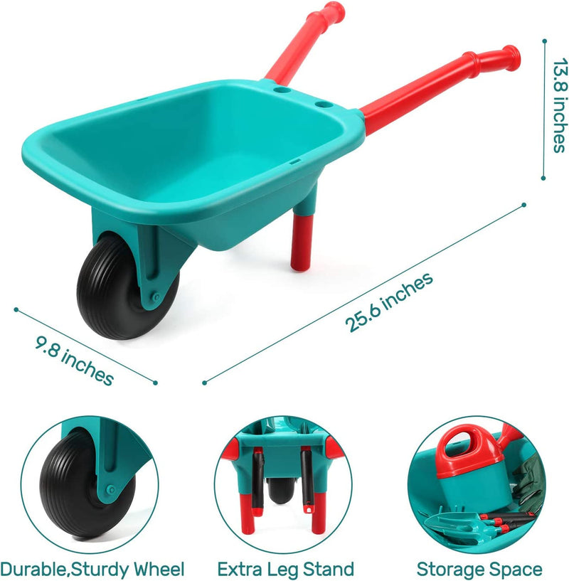 CUTE STONE Kids Gardening Tool Set, Garden Toys with Wheelbarrow, Watering Can, Gardening Gloves, Hand Rake, Shovel, Trowel, Double Hoe, Apron with Pockets, Outdoor Indoor Toys Gift for Boys Girls