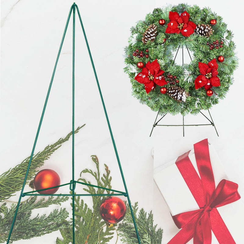 Christmas Wreath - Outdoor Christmas Decoration - 24 Inch Wreath with Frosted Red Poinsettia and Red Ornaments on 30 Inch Easel