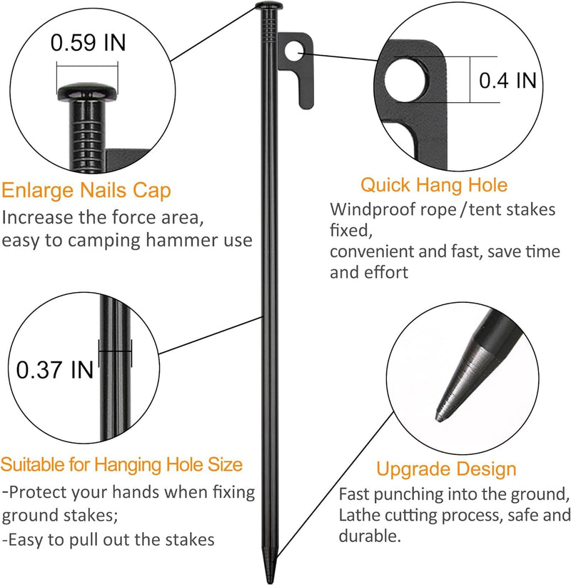 8 Pack Tent Stakes Heavy Duty 12 Inch Steel Tent Pegs for Camping Unbreakable and Inflexible