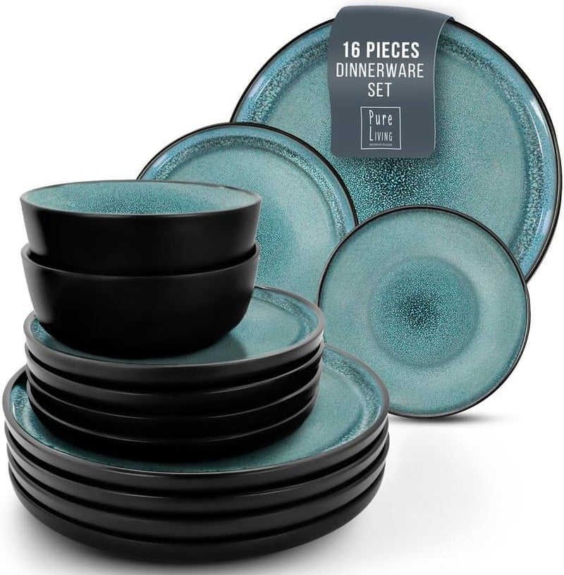 12 Piece Dinnerware Sets for 4 - Modern Style Stoneware Dinnerware Set - Scratch Resistant, Dishwasher Safe Plates and Bowls Sets Ceramic, Dish Set, Bowl and Plate Set - Black and Petrol Blue