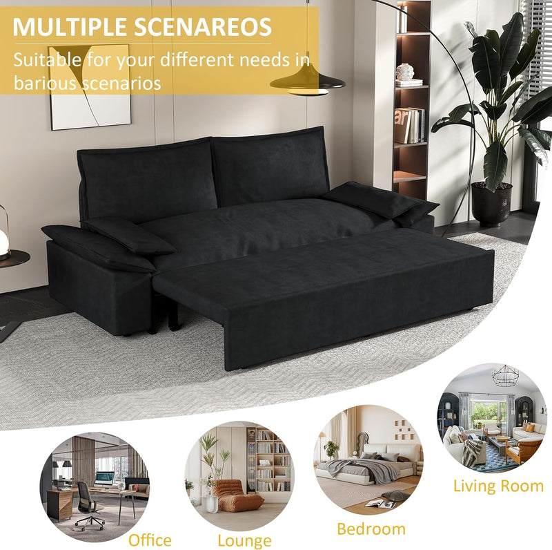 CALABASH 70.1" Queen Pull Out Sofa Bed, 3-In-1 Convertible Sleeper Sofa, Velvet Comfy Loveseat Sleeper, Super Soft Couch Bed with 2 Soft Pillows for Living Room, Apartment, Small Space,Black
